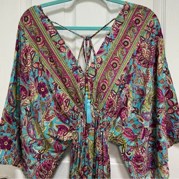 Boho Maxi Dress Long Floral Gown Deep V Front & Back with Tassel made in India - Picture 11 of 17